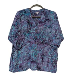 Vintage Yazdi Women's Size XL Blue Floral Oversized Top Blouse Button Front V-Ne